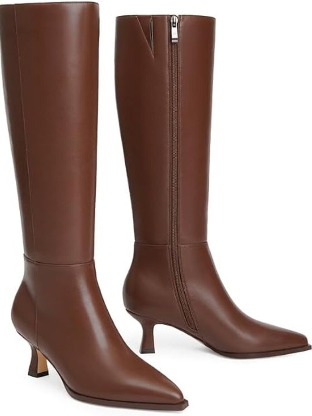 Women's Brown Pu Knee High Boots Kitten Heels Pointed Toe Tall Boots Low Heel